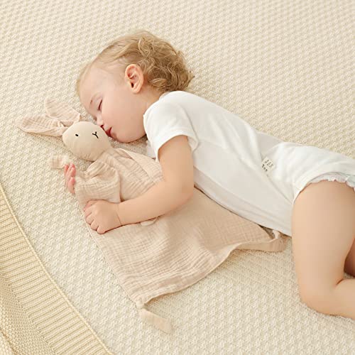 insular Bunny Lovey Blanket for Boys and Girls, Organic Cotton Muslin Security Blanket for Babies, Soft Breathable Lovie Soothing Towel for Newborn and Infant, 2 Pcs Set (Khaki&Pink)