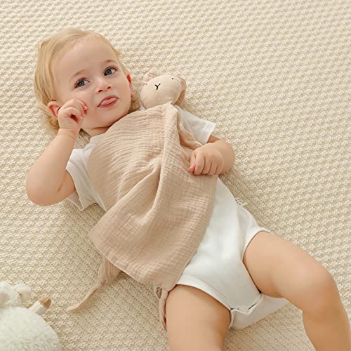 insular Bunny Lovey Blanket for Boys and Girls, Organic Cotton Muslin Security Blanket for Babies, Soft Breathable Lovie Soothing Towel for Newborn and Infant, 2 Pcs Set (Khaki&Pink)