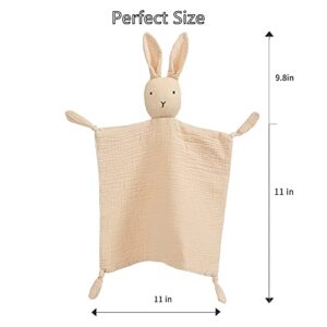 insular Bunny Lovey Blanket for Boys and Girls, Organic Cotton Muslin Security Blanket for Babies, Soft Breathable Lovie Soothing Towel for Newborn and Infant, 2 Pcs Set (Khaki&Pink)