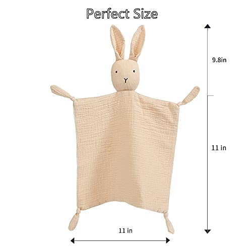 insular Bunny Lovey Blanket for Boys and Girls, Organic Cotton Muslin Security Blanket for Babies, Soft Breathable Lovie Soothing Towel for Newborn and Infant, 2 Pcs Set (Khaki&Pink)