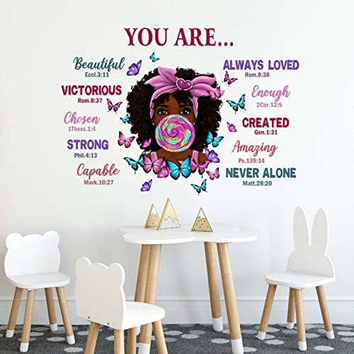 Mfault Black Girl Magic You are Beautiful Inspirational Wall Decals Stickers, Religious Quote Lollipop Butterfly Nursery Decoration African American Bedroom Art, Positive Afro Kid Teen Room Home Decor