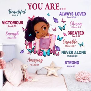 yovkky black girl religious butterfly wall decal sticker, positive saying african american you are beautiful nursery decor, inspirational home afro kid room decoration bedroom playroom art gift
