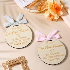 2 Pieces Baby Sign Please Don't Touch Baby Sign Wooden Baby Car Seat Carrier Stroller Tag with Ribbons for Babies Car Seat Carrier, 4 Inch