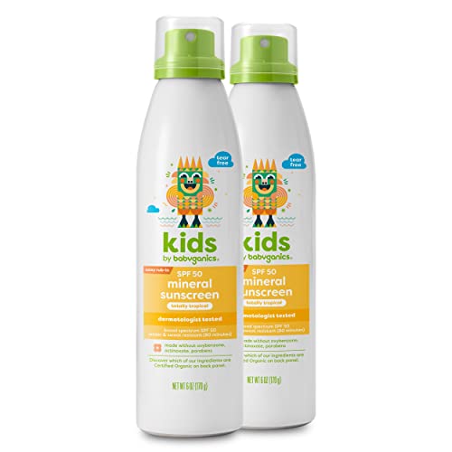 Babyganics SPF 50 Kids Mineral Sunscreen Continuous Spray, Totally Tropical | UVA UVB Protection | Octinoxate & Oxybenzone Free | Water Resistant, 6 Ounce (Pack of 2)