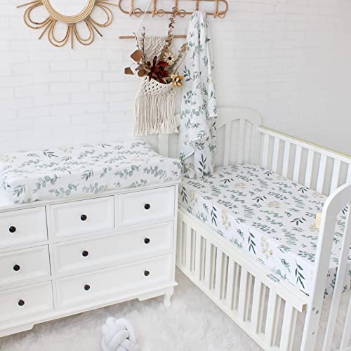 LifeTree Crib Sheets for Baby Boys Girls - Muslin Fitted Crib Sheets Neutral Toddler Bed Sheet Fits Standard Crib and Toddler Mattresses, Soft Bamboo Cotton Blend, Eucalyptus Pattern, 28" x 52" x 9"