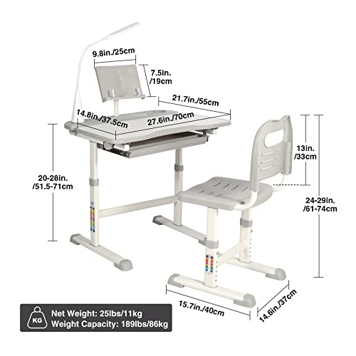 RedSwing Kids Desk and Chair Set, Adjustable Height Children Study Table Chair with Led Light, Bookstand, Portable Kids Desk with Tilted 0-60° Table Top for Age 3-15, Gray