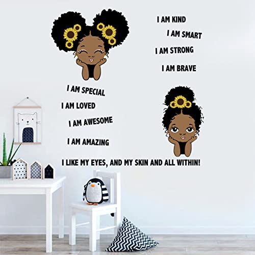 Black Girl Wall Decor Sticker Inspirational Quotes I'm Kind Wall Decals Positive Words Motivational Lettering African American Wall Stickers for Baby Toddler Room Decorations Nursery Playroom Bedroom Wall Decoration.