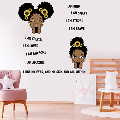 Black Girl Wall Decor Sticker Inspirational Quotes I'm Kind Wall Decals Positive Words Motivational Lettering African American Wall Stickers for Baby Toddler Room Decorations Nursery Playroom Bedroom Wall Decoration.