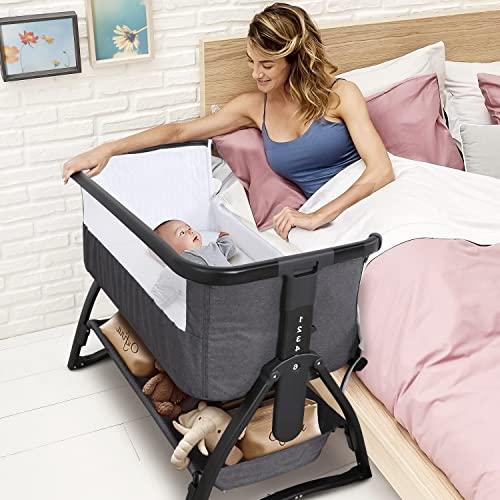 Sailnovo Baby Bassinets Bedside Sleeper for Baby, Bedside Crib Portable Bassinet with Mattress and Storage Basket, Cosleeper Bassinet Attach to Bed with Adjustable Height for Newborn/Baby/Boy/Girl