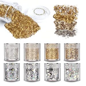 saiftrad glitter- 8 jars gold silver holographic cosmetic chunky sequins glitter paillette for body, face, eyes, hair, nail art & diy (gold, silver) - with nail brush sponge