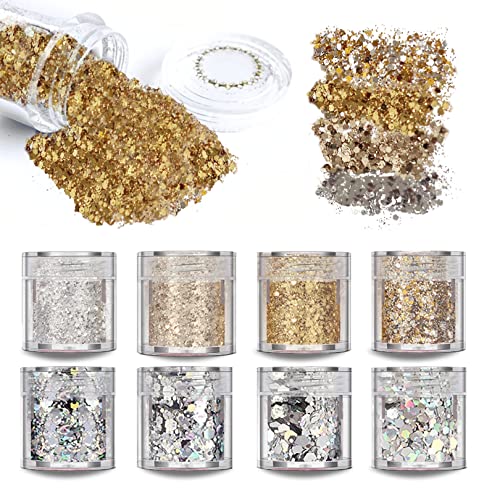 SAIFTRAD Glitter- 8 Jars Gold Silver Holographic Cosmetic Chunky Sequins Glitter Paillette for Body, Face, Eyes, Hair, Nail Art & DIY (Gold, Silver) - with Nail Brush Sponge