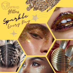 SAIFTRAD Glitter- 8 Jars Gold Silver Holographic Cosmetic Chunky Sequins Glitter Paillette for Body, Face, Eyes, Hair, Nail Art & DIY (Gold, Silver) - with Nail Brush Sponge