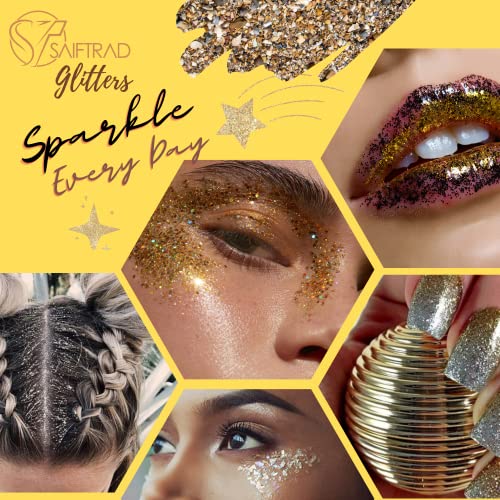 SAIFTRAD Glitter- 8 Jars Gold Silver Holographic Cosmetic Chunky Sequins Glitter Paillette for Body, Face, Eyes, Hair, Nail Art & DIY (Gold, Silver) - with Nail Brush Sponge