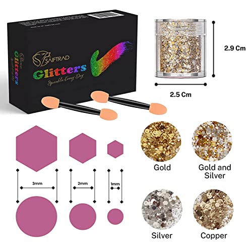 SAIFTRAD Glitter- 8 Jars Gold Silver Holographic Cosmetic Chunky Sequins Glitter Paillette for Body, Face, Eyes, Hair, Nail Art & DIY (Gold, Silver) - with Nail Brush Sponge