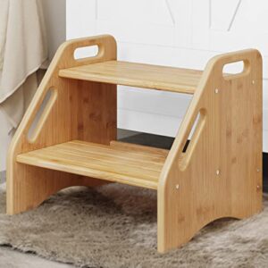 ambird wooden step stool, two step stools toddler 300 lbs capacity with safety non-slip pads and handles, bamboo step stool for bathroom, kitchen step stools dual height step stools for kids (natural)