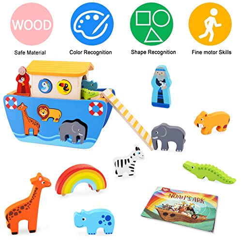 KMTJT Toddlers Wooden Noah's Ark Toy Animal Playset, Baptism Gifts for 1 2 3 Boys Girls, Shape Sorter Early Learning Montessori Toys with Bible Story Book for 12 18 24 Months Babies