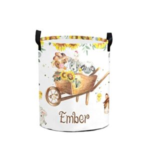 sunflower farm animals personalized laundry basket clothes hamper with handles waterproof,custom collapsible laundry storage baskets for bedroom,bathroom decorative large capacity