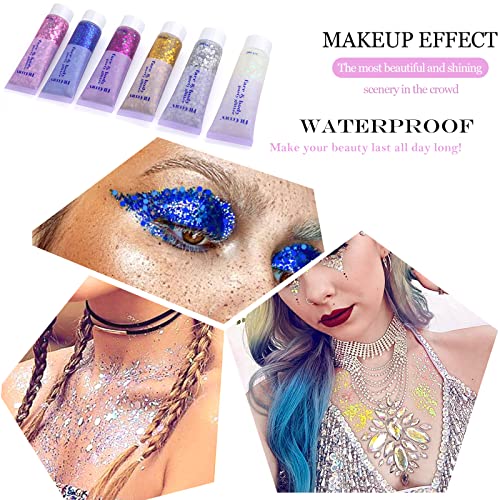 Face Glitter Gel, 2 Jars Holographic Chunky Glitter Makeup for Body, Hair, Face, Nail, Eyeshadow, Long Lasting and Waterproof Mermaid Sequins Liquid Glitter Total 6 Colors Available (#6, White, 2PCS)
