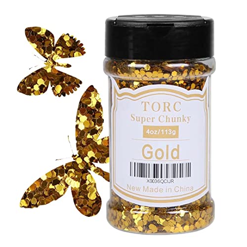 TORC Gold Chunky Glitter 4 OZ Super Chunky Glitter for Resin Crafts Art Nail Cosmetic Festival Decor 1/10 (2.5 mm)