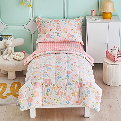 Joyreap 4 Piece Cotton Toddler Bedding Set for Girls, Pink Flowers Design, Soft n Breathable Cotton Toddler Comforter Set, Includes Quilted Comforter, Fitted Sheet, Top Sheet, and Pillow Case