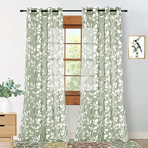 Sage Green Boho Curtains 84 Inch Length for Living Room 2 Panels Set,Natural Leaf Floral Tree Branch Bohemian Design Patterned Neutral Window Sheers for Bedroom,52x84 Inches Long,White Light Green