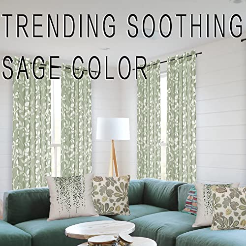 Sage Green Boho Curtains 84 Inch Length for Living Room 2 Panels Set,Natural Leaf Floral Tree Branch Bohemian Design Patterned Neutral Window Sheers for Bedroom,52x84 Inches Long,White Light Green