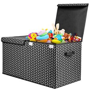 extra-large toy chest box bin storage with double lid 30"x 16" x 16", collapsible sturdy toy storage boxes basket with handles for boys, girls, nursery, playroom, closet, bedroom and office(black)