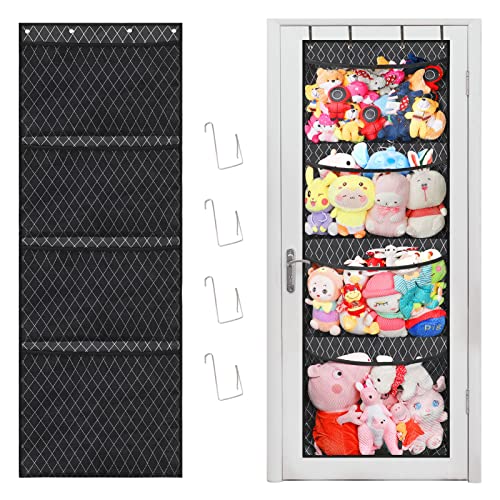 Melpler Stuffed Animal Storage - Stuffed Animal Holder, Hanging Stuffed Animal Organizer for Nursery, Over the Door Organizer for Stuffies, Toy Plush Storage with 4 Hooks 3 Support Rods(Grid Black)