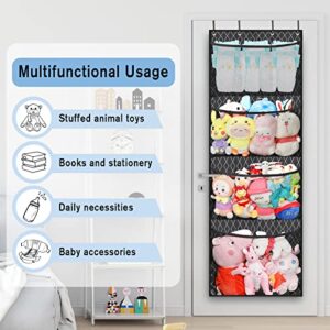 Melpler Stuffed Animal Storage - Stuffed Animal Holder, Hanging Stuffed Animal Organizer for Nursery, Over the Door Organizer for Stuffies, Toy Plush Storage with 4 Hooks 3 Support Rods(Grid Black)