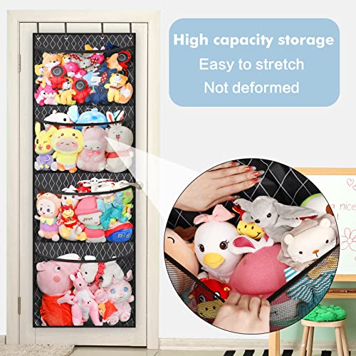 Melpler Stuffed Animal Storage - Stuffed Animal Holder, Hanging Stuffed Animal Organizer for Nursery, Over the Door Organizer for Stuffies, Toy Plush Storage with 4 Hooks 3 Support Rods(Grid Black)