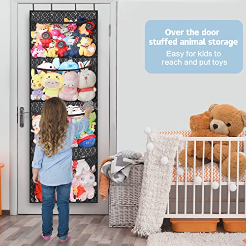 Melpler Stuffed Animal Storage - Stuffed Animal Holder, Hanging Stuffed Animal Organizer for Nursery, Over the Door Organizer for Stuffies, Toy Plush Storage with 4 Hooks 3 Support Rods(Grid Black)