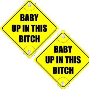 2pcs baby up in this b car with suction cups, 5"x5" reusable baby on board sticker, baby safety warning decal for cars