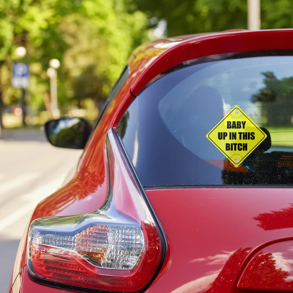 2PCS Baby Up in This B Car with Suction Cups, 5"x5" Reusable Baby on Board Sticker, Baby Safety Warning Decal for Cars