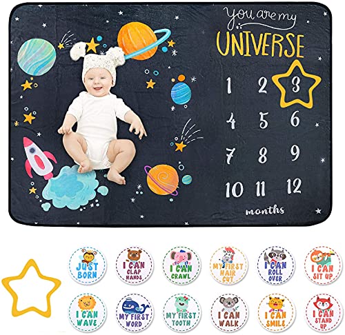 Baby Milestone Blanket - Cute Space Design Monthly Milestone Blanket for Baby Boy and Girl, Soft and Thick Flannel Material Wrapped with Milestone Stickers