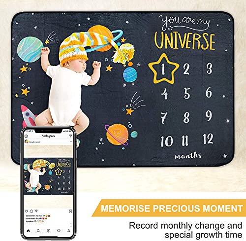 Baby Milestone Blanket - Cute Space Design Monthly Milestone Blanket for Baby Boy and Girl, Soft and Thick Flannel Material Wrapped with Milestone Stickers