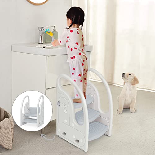 Toddler 3 Step Stool Onasti Kids Standing Tower for Toddlers Plastic Learning Helper Stool for Kitchen Counter Bathroom Sink Toilet Potty Training with Handles and Non-Slip Pads-Grey White