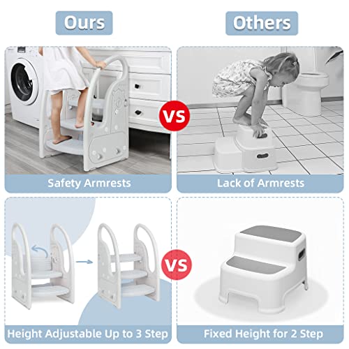 Toddler 3 Step Stool Onasti Kids Standing Tower for Toddlers Plastic Learning Helper Stool for Kitchen Counter Bathroom Sink Toilet Potty Training with Handles and Non-Slip Pads-Grey White