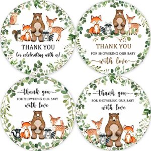 80 woodland thank you favor stickers, 2" forest animals baby shower stickers, woodland baby shower party decorations