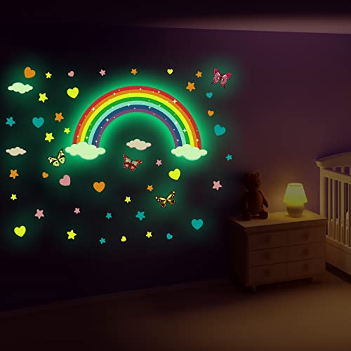 Large Rainbow Wall Decals Removable Star Butterfly Heart Cloud Wall Sticker Watercolor Rainbow Wallpaper Baby Room Vinyl Stickers Wall Decor for Nursery Rooms Girls Bedroom Decor (Glow Green Style)