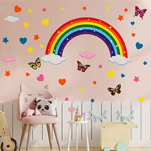 Large Rainbow Wall Decals Removable Star Butterfly Heart Cloud Wall Sticker Watercolor Rainbow Wallpaper Baby Room Vinyl Stickers Wall Decor for Nursery Rooms Girls Bedroom Decor (Glow Green Style)