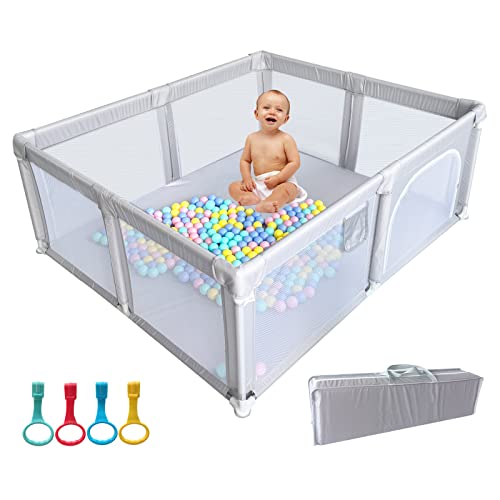 KIDRGL Baby Playpen, Large Baby Play Yard, Playpen for Babies with Gate, Indoor & Outdoor Kids Safety Activity Center with Anti-Slip Rubber Bases (Grey 70”×59”)