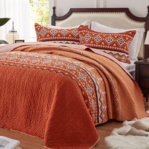 leaonme quilt set full/queen size 3 piece bedspread coverlet lightweight comforter microfiber bedding set all season oversized 90x98 inch bed cover bohemian burnt orange/rust(1 quilt,2 pillow shams)