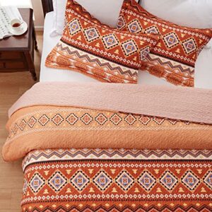 LEAONME Quilt Set Full/Queen Size 3 Piece Bedspread Coverlet Lightweight Comforter Microfiber Bedding Set All Season Oversized 90x98 Inch Bed Cover Bohemian Burnt Orange/Rust(1 Quilt,2 Pillow Shams)