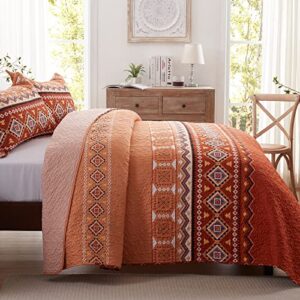 LEAONME Quilt Set Full/Queen Size 3 Piece Bedspread Coverlet Lightweight Comforter Microfiber Bedding Set All Season Oversized 90x98 Inch Bed Cover Bohemian Burnt Orange/Rust(1 Quilt,2 Pillow Shams)