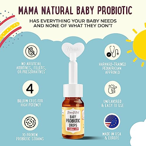 Mama Natural Baby Probiotic Drops (0.28 Fl Oz) | 4 Billion CFU Pediatrician-Tested Infant Probiotic Helps with Colic Relief for Newborns & Constipation Ease for Infants - Unflavored Baby Gas Drops