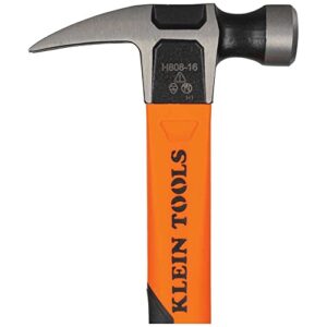 Klein Tools H80816 Straight-Claw 16-Ounce Hammer with Smooth Head, Fiberglass Non-Slip Shock Absorbing Grip Handle with Tether Hole, 13-Inch