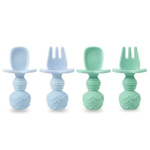 pandaear 4 pack silicone baby spoons and fork feeding set- anti-choke first self feeding utensils for baby led weaning ages 3 months (cyan+blue)