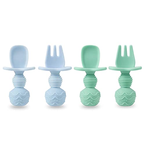 PandaEar 4 Pack Silicone Baby Spoons and Fork Feeding Set- Anti-Choke First Self Feeding Utensils for Baby Led Weaning Ages 3 Months (Cyan+Blue)