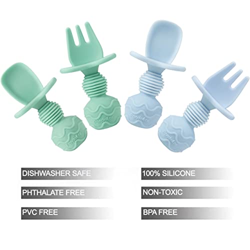 PandaEar 4 Pack Silicone Baby Spoons and Fork Feeding Set- Anti-Choke First Self Feeding Utensils for Baby Led Weaning Ages 3 Months (Cyan+Blue)