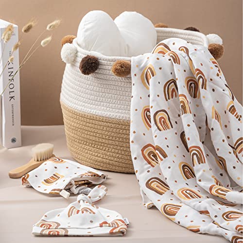 Baby Swaddle Blankets Set with Matching Hat and Drool Cloth Organic Cotton Muslin Blanket Soft Newborn Wrap Receive Blanket Photography Prop Large 47 * 47 Shower Gifts for Boys Girls(Rainbow)